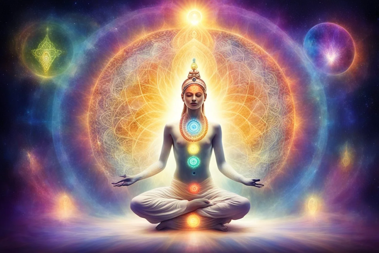 in light meant, kundalini, awaken, light, universe, all chakras in all colours, creatures around,