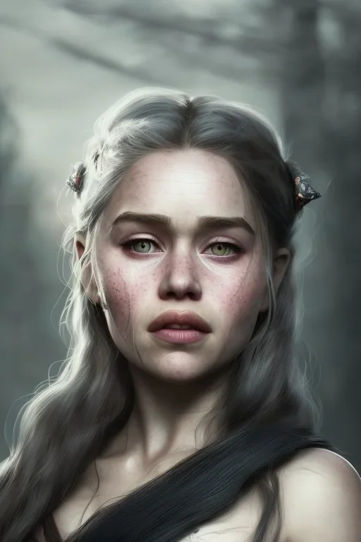 a Photorealistic dramatic hyperrealistic emilia clarke vikings paint,black hair, Crystal black eyes, elegant,Artgerm, Beautiful dynamic,shadows,Artstation,concept design art,Octane render,8