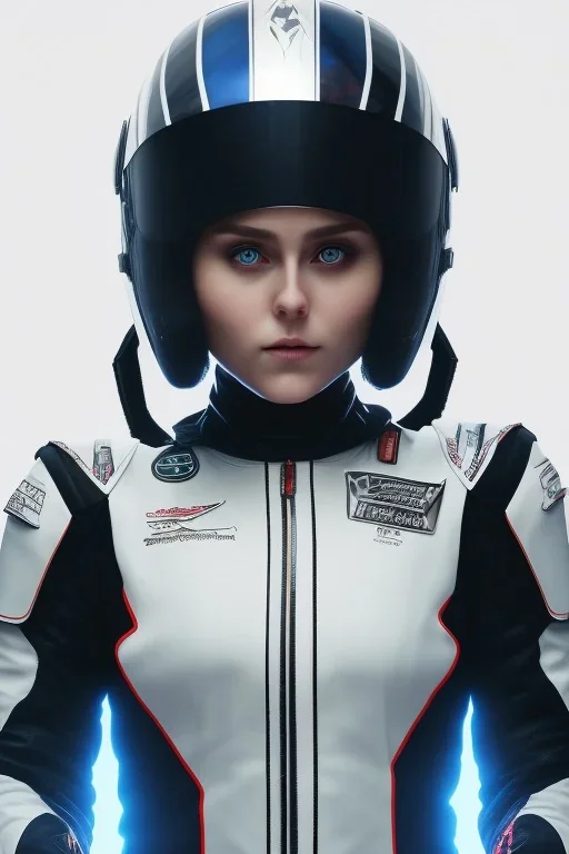 Black racing suit AnnaSophia Robb, portrait, bright white eyes, wearing high tech racing helmet, white smoke, dark, rage, sorrow, high definition, ultra 8 k, volumetric lighting, blue fire, fog