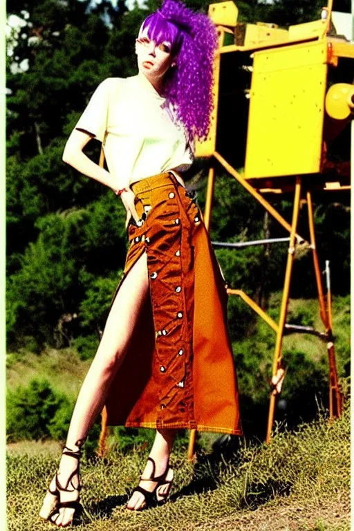 year 1996 denim fashion. Loose skirt, low waist. Combat pants and t-shirt. Colors: denim blue, blue, purple, cream, khaki, light green, lilac, plum, orange, terracotta, red, light yellow, pink, dark blue, beige. Latex in small part. Cheetah pattern. Gwen Stephani, Shirley Manson.Cargo pants
