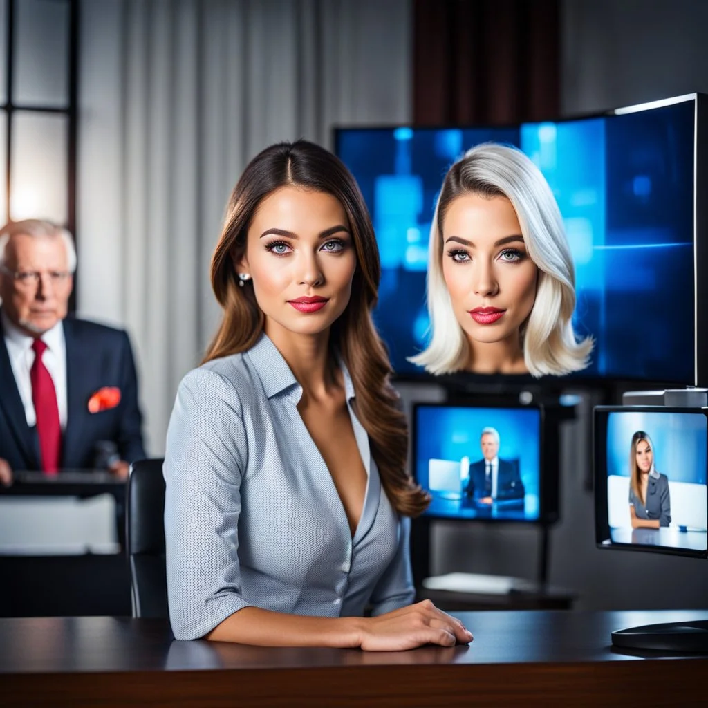 amodern tv studio a beautiful girl perfect face sitting next to desk presenting new looking at camera, with picture of an old man in tv screen at background