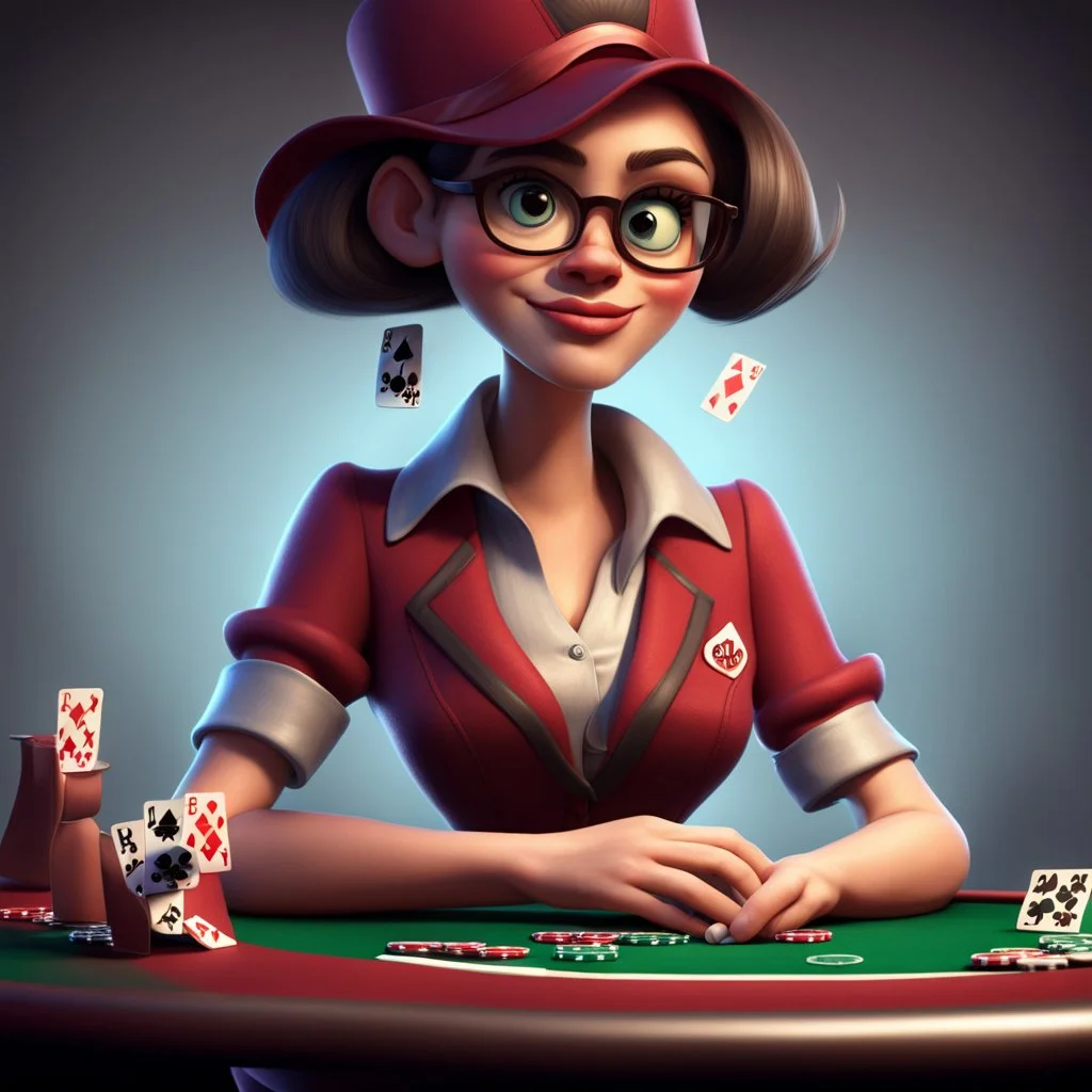poker player, stylized, pixar, woman
