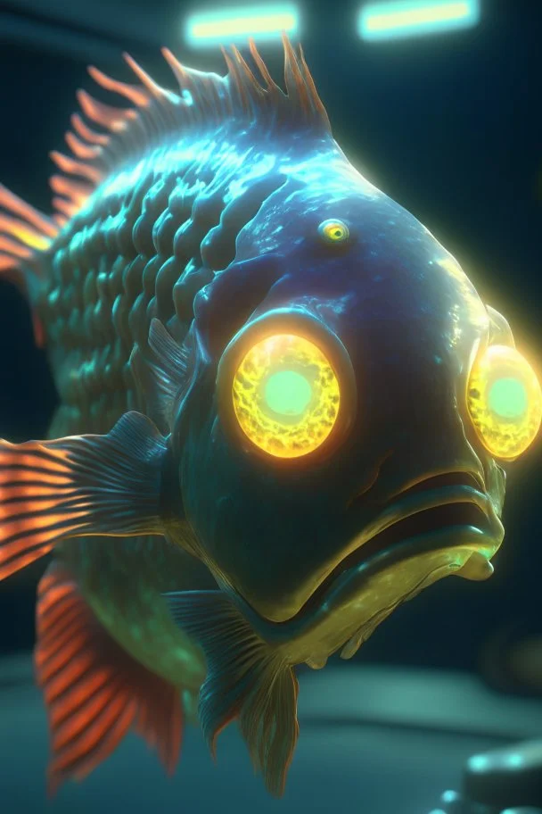 Radioactive Brain looking fish ,unreal engine 5, ray tracing, RTX, lumen lighting, ultra detail, volumetric lighting, 3d.