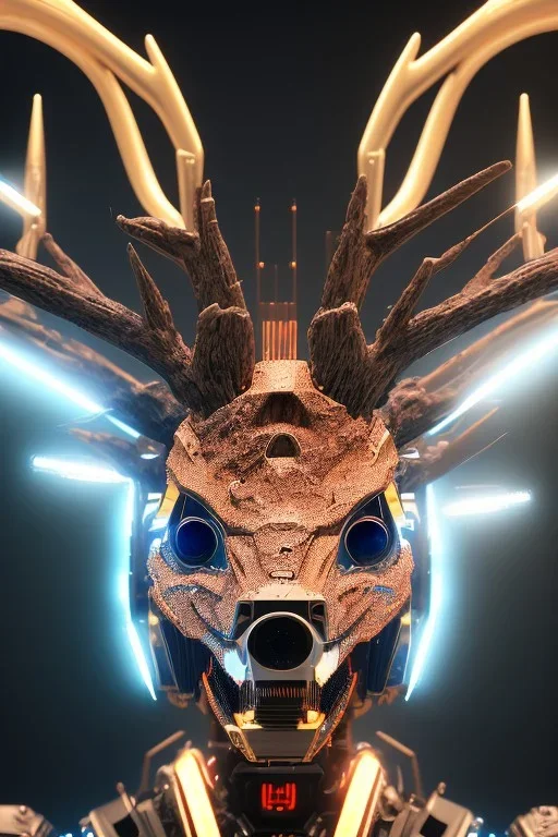 a beautiful full frame wendigo portrait digital painting of futuristic deer robot, wide angle view, close-up, macro lens, centered camera, titanium accents, intricate details, small minutiae, tiny features, particulars, colorful, 8k, least ambient occlusion, volumetric lighting, volumetric clouds