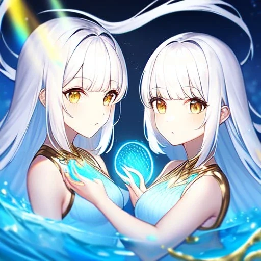 8k, Girl, high quality, detailed, white hair, golden eyes, beautiful lighting, vibrant colors, twins, water magic