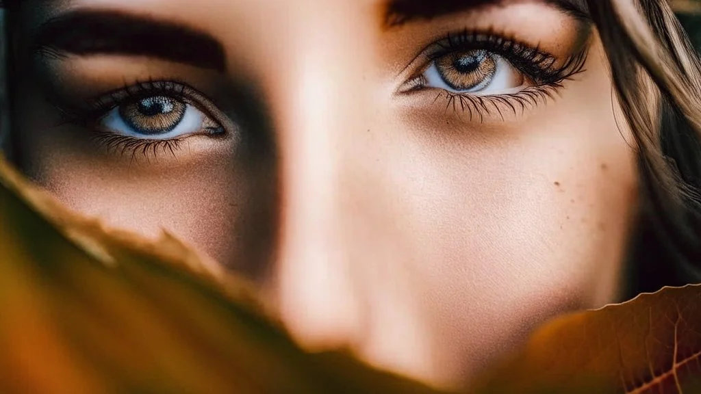 The contrast of the leaf against my skin really makes my eyes pop in this portrait 🍂 #portraitphotography #eyelash #woman #humanface