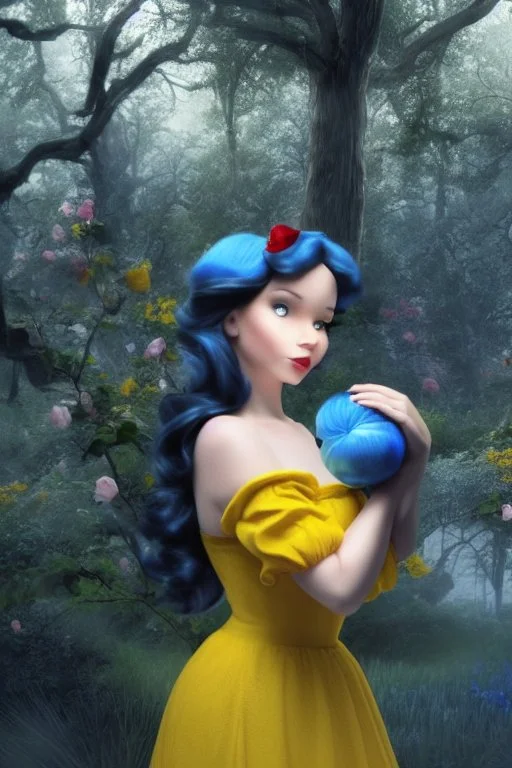 4K Ultra-HD, Hyper realistic, cinematic lighting -- Snow White, short, bowl-cut black hair, blue eyes, Yellow skirt, blue blouse with short poofy sleeves, extremely pail skin, Rose pedals, wild animals, Castle, Full body image -- 4k, stunning, dramatic lighting, dramatic background, cinematic, atmospheric, very detailed, historic, powerful, octane rendering, exquisite detail, 30 - megapixel, 4k, 85 - mm - lens, sharp - focus, intricately - detailed, long exposure time, f8, ISO 100, shutter - s