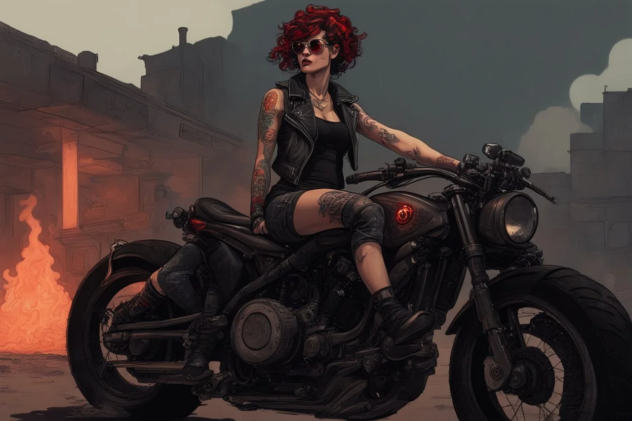 scarred cyberpunk vampire girl with tribal tattoos short curly cyberpunk hair riding a black cafe racer motorcycle in a post apocalyptic wasteland on fire