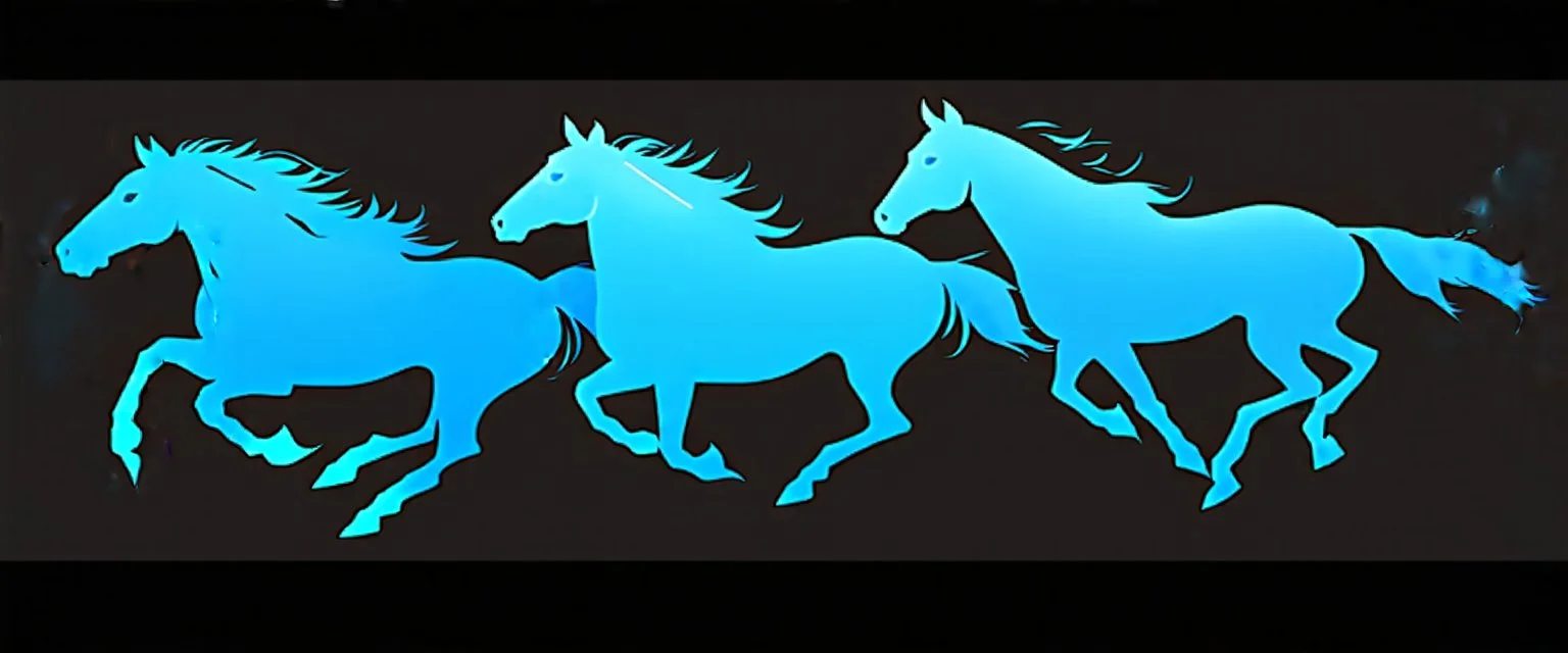 silhouette of 3 different horses (Stallions) racing, middle horse at front, blue on black vector