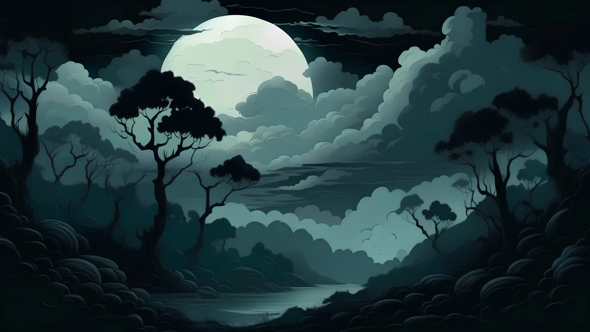 eerie cloud background with no trees in the art style of mike mignola under the moonlight