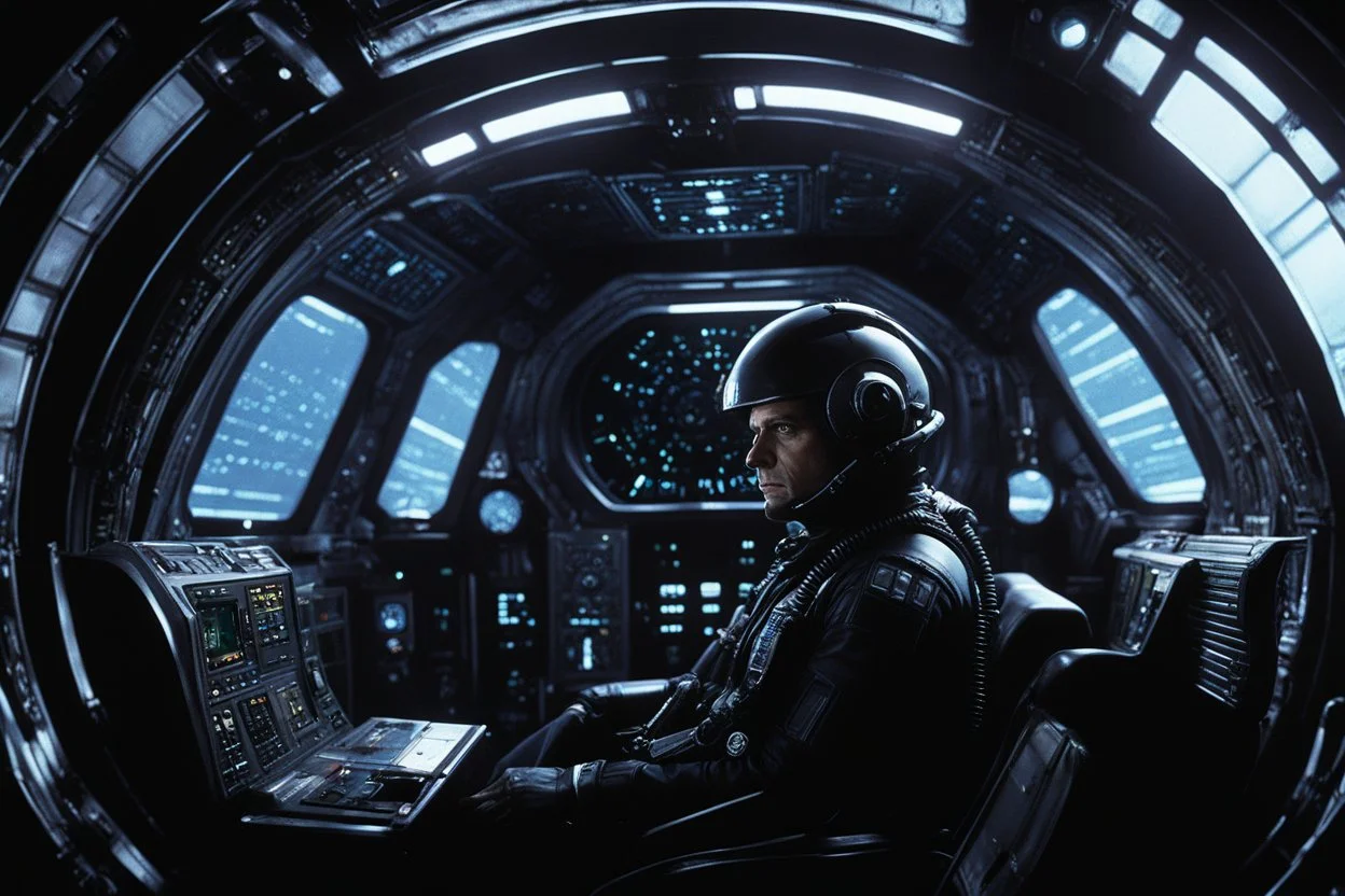 [movie shot by H.R. Giger in Verve colour palette] Cinematic side-profile of a pilot in a futuristic spaceship, slammed into his seat by extreme G-forces. Facial features strain under pressure. A round porthole beside him shows the dark void of space with faint star streaks. Cockpit illuminated by glowing panels and dramatic rim light, high-detail realism.