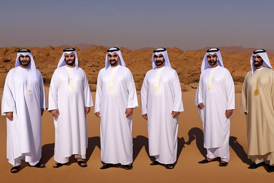 Four Arab sheikhs sitting in the desert wearing typical Arab dress, looking towards the four cardinal points. A talll fat european man in business suit wathhing them while thinking.