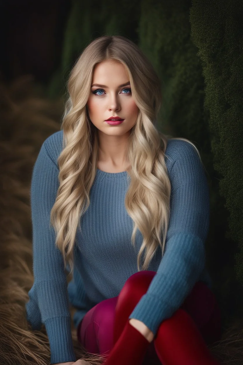 beautiful 18 year old girl with ash blonde hair and blue eyes with her curvy hair down, wearing a long-sleeved woollen top, and lilac long leggings, with long red boots full body shot