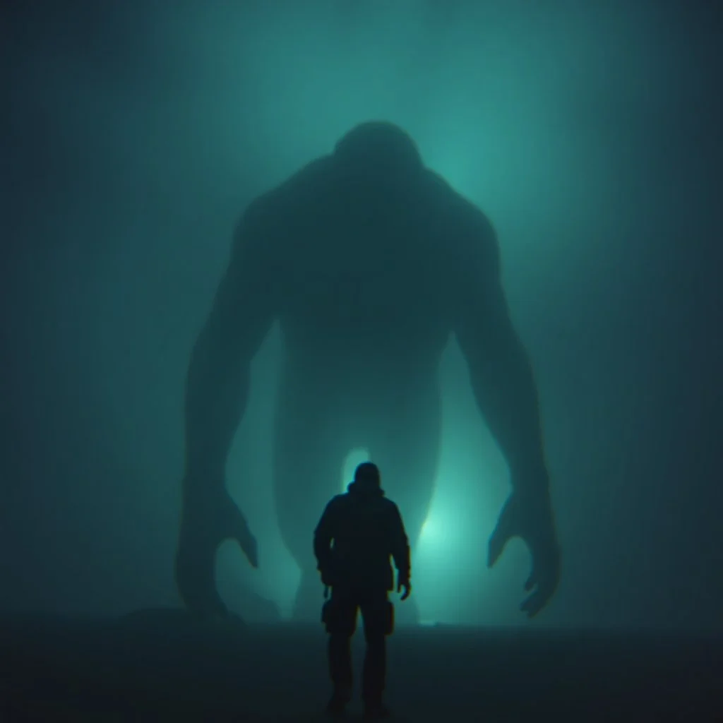 The atmosphere is eerie, suffocating, and raw, with the feeling that the camera operator is witnessing something forbidden and legendary — a colossal being that has been hiding for ages, suddenly revealed. The image must feel authentic and unpolished — like amateur footage captured in real time. Prioritize pixelation, color noise, digital compression artifacts, motion blur, and the unsettling atmosphere of being near a gigantic shadow-creature. Do not stylize or modernize.