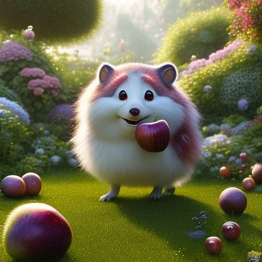 Woolitize, pixar style, volumetric summer garden environment and background, realistic painting of an apple, looking excited, detailed digital painting, extreme dense and fine fur, anime, ornate, colour-washed colors, elegant, small minutiae, tiny features, particulars, centered, smooth, sharp focus, renderman gofur render, 8k, uhd, detailed eyes, realistic shaded volumetric lighting, sunlight caustics, backlight, centered camera view