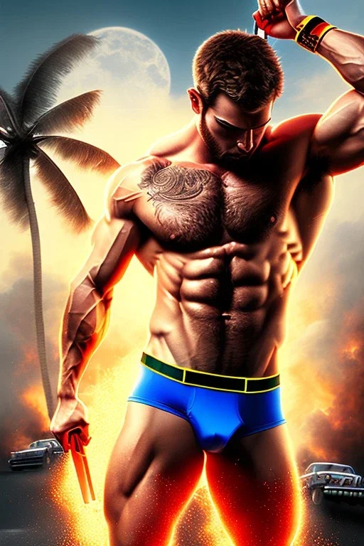Ignore NSFW, teenager young rugged attractive slightly muscular fantastic handsome man, red briefs with yellow belt, hairy chest, (((visibly pisssing))) briefs, large erect visible boner peniss, photorealistic, artist Jay Anacleto, soft lighting, scruffy beard