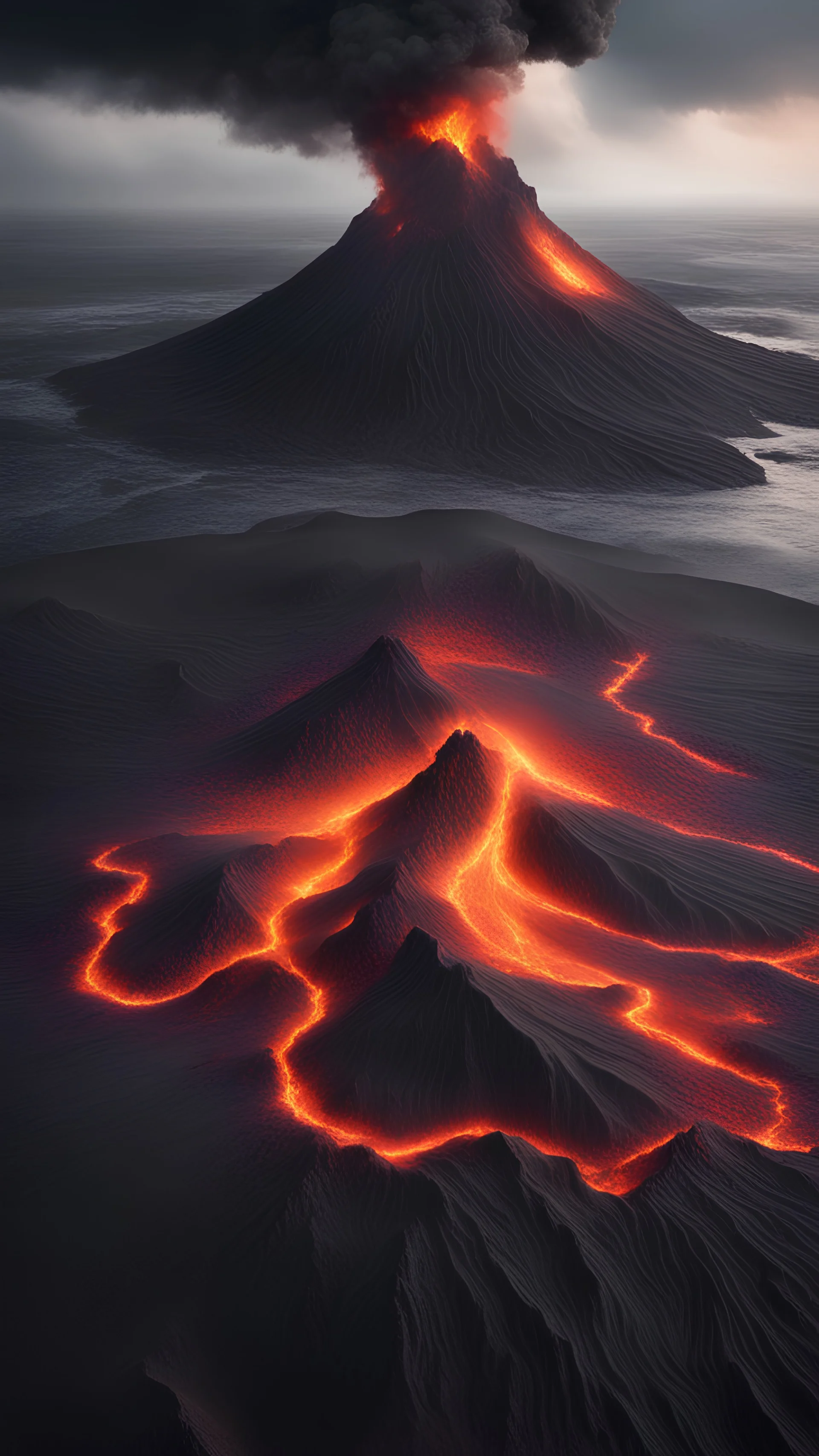 A volcanic island with black sand beaches, surrounded by lava that flows into the sea, lava flows from the top of the volcano , clouds of vapor, sea,forming otherworldly patterns, ultra realistic, ultra detailed, Sharp on focus, 8K