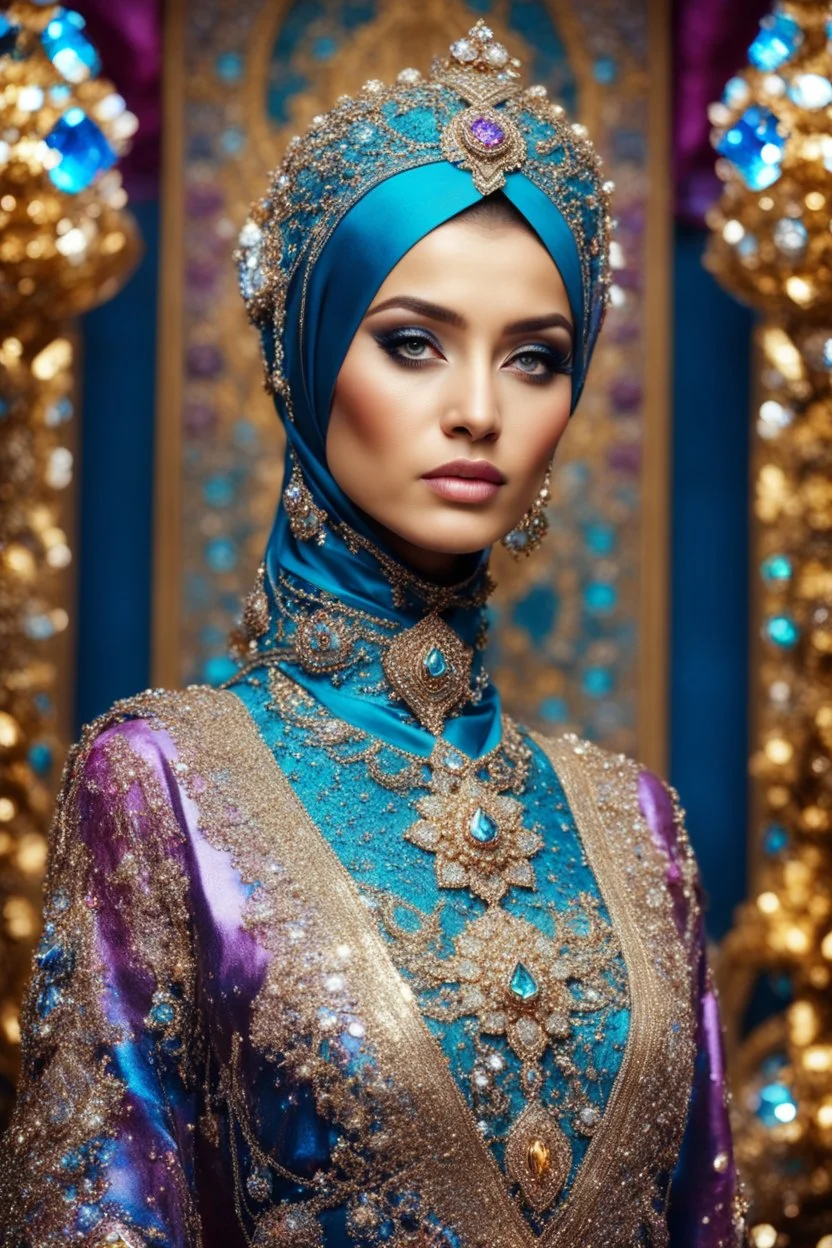 Gorgeous photography stand pose Beautiful super model using hijab wearing Turkey islamic dressing Luxury Queen colorful art conceptual, amazing artwork,close-up portrait,crystal diamonds shappire ornaments background