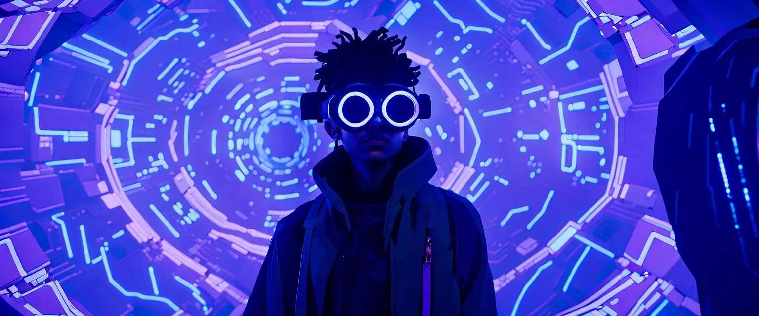 A prodigy in cyber-navigations, Terra Byte in a lush void, uses their unique skills to manipulate digital space and create virtual ecosystems that serve as sanctuaries from the harsh cyberpunk reality. Draped in garments seamlessly integrated with camouflage tech, and goggles perpetually projecting data streams before his eyes, imperfection, natural lighting, cinematic, Fuji Film, Anamorphic lens, 2040s, deep depth of field, Solarpunk