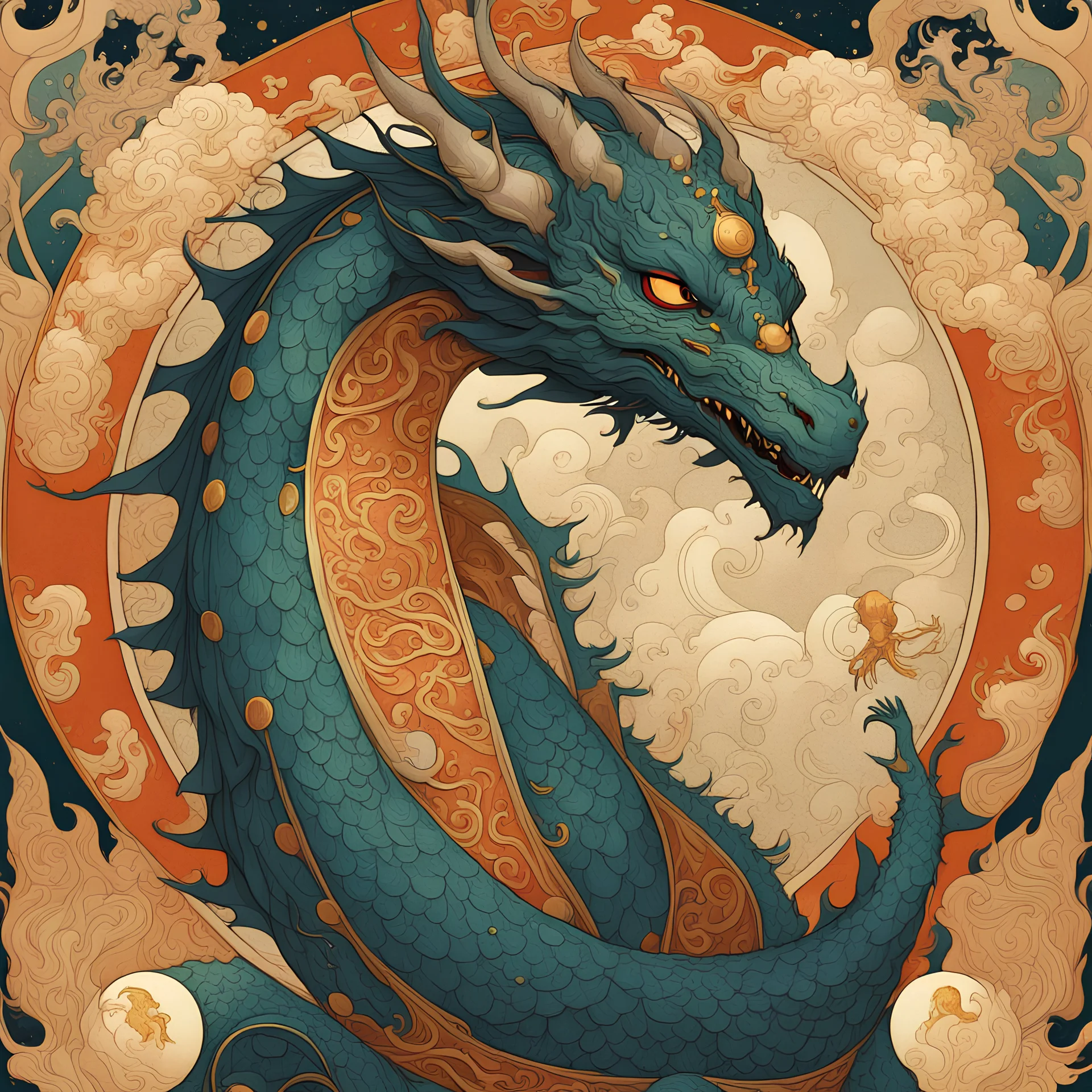 Bordered digital illustration of a Dragon Emperor by Victo Ngai. Art nouveau, Tarot card, Hanafuda.behance contest winner. High quality, masterpiece.