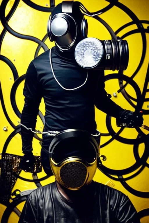 Metallic Cyber-punk style man with a web-camera-mask and old AKG-style headphones with golden rings. Large fencing mask covers man's cheeks. Man in good body shape. Reflective plastic. Body and head full of integrated old-fashioned cameras and an old telephone. Perfect body. Euclidean 3D-tiling, Escher tiling, background. Cables. Daft Punk, Matrix movie black leather jacket with a Hood. Yellow latex areas in black leather surfaces body. 1990's