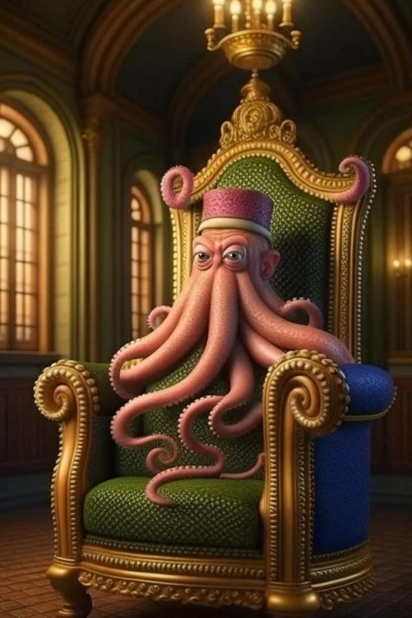 portrait of octopus with stylish wig smoking sigar on a throne in medieval castle, 4k, downlight, soft light, depth of field, photorealism