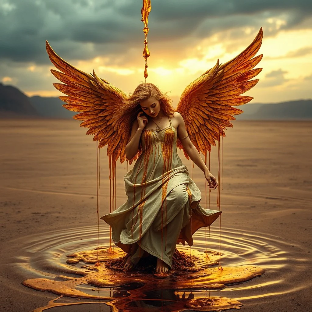A hyper-realistic photo, A hyper-realistic photo, beautiful fallen angel disintegrating into gold dripping ink and slime::1 ink dropping in water, molten lava,4 hyperrealism, intricate and ultra-realistic details, cinematic dramatic light, cinematic film,Otherworldly dramatic stormy sky and empty desert in the background 64K, hyperrealistic, vivid colors, , 4K ultra detail, , real photo, Realistic Elements, Captured In Infinite Ultra-High-Definition Image Quality And Rendering, Hyperrealism, rea