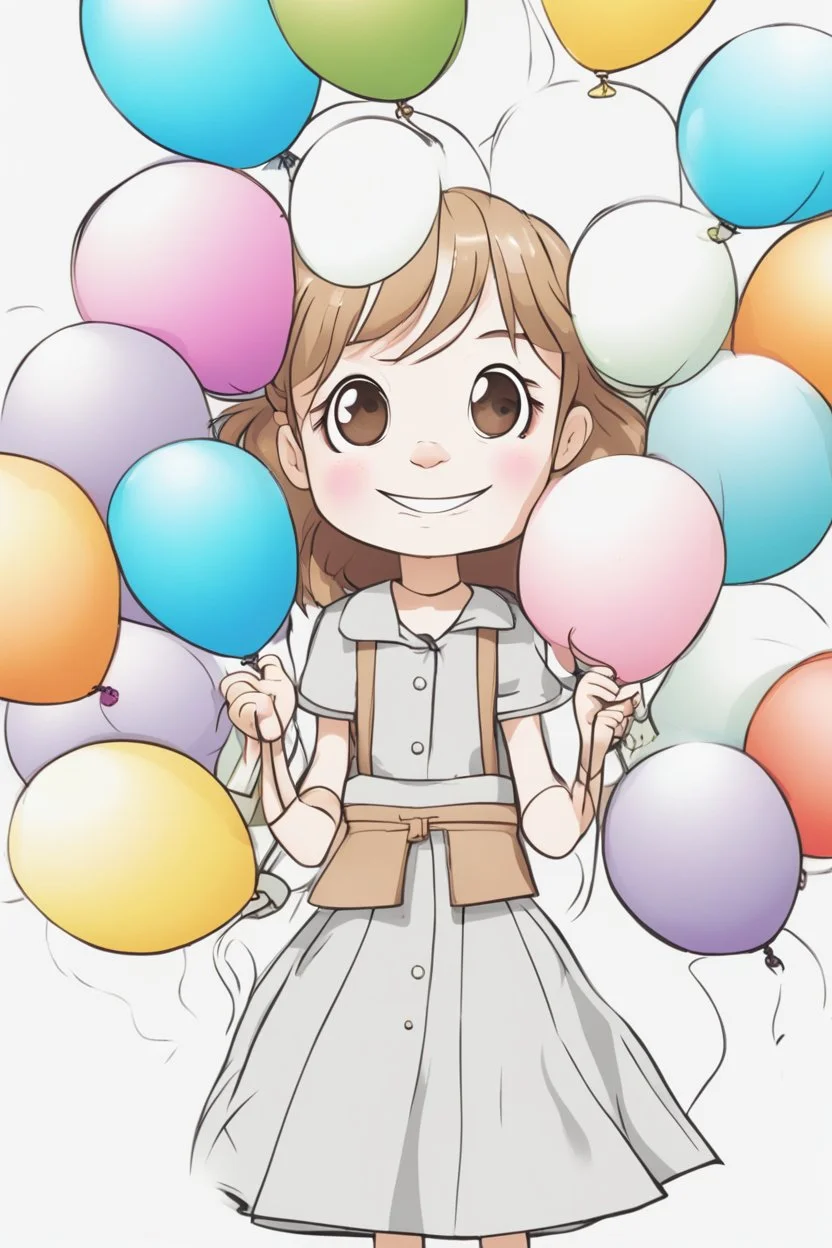 A round-faced little girl happily holding a bunch of colorful balloons. Circles can be used to depict the balloons, her eyes, and the sun in the background. very happy , Colloring page for todlliers ; basic hawali style cartoon , black and white , ink outlines , , smooth , anime style , minimalist , cute eyes , full body , white shose , sketchbook , realistic sketch , free lines , on paper , character sheet , clean line art high detailed