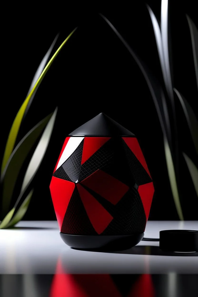 portable speaker, form inspired by merdeka 118 tower , flora and faunaform, geometric design style and black and red color