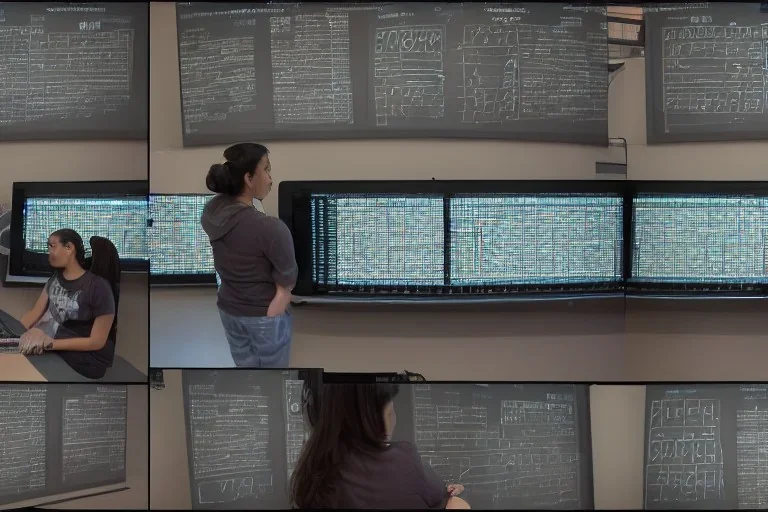 A human teaching matrices, full wide view, panorama 8k