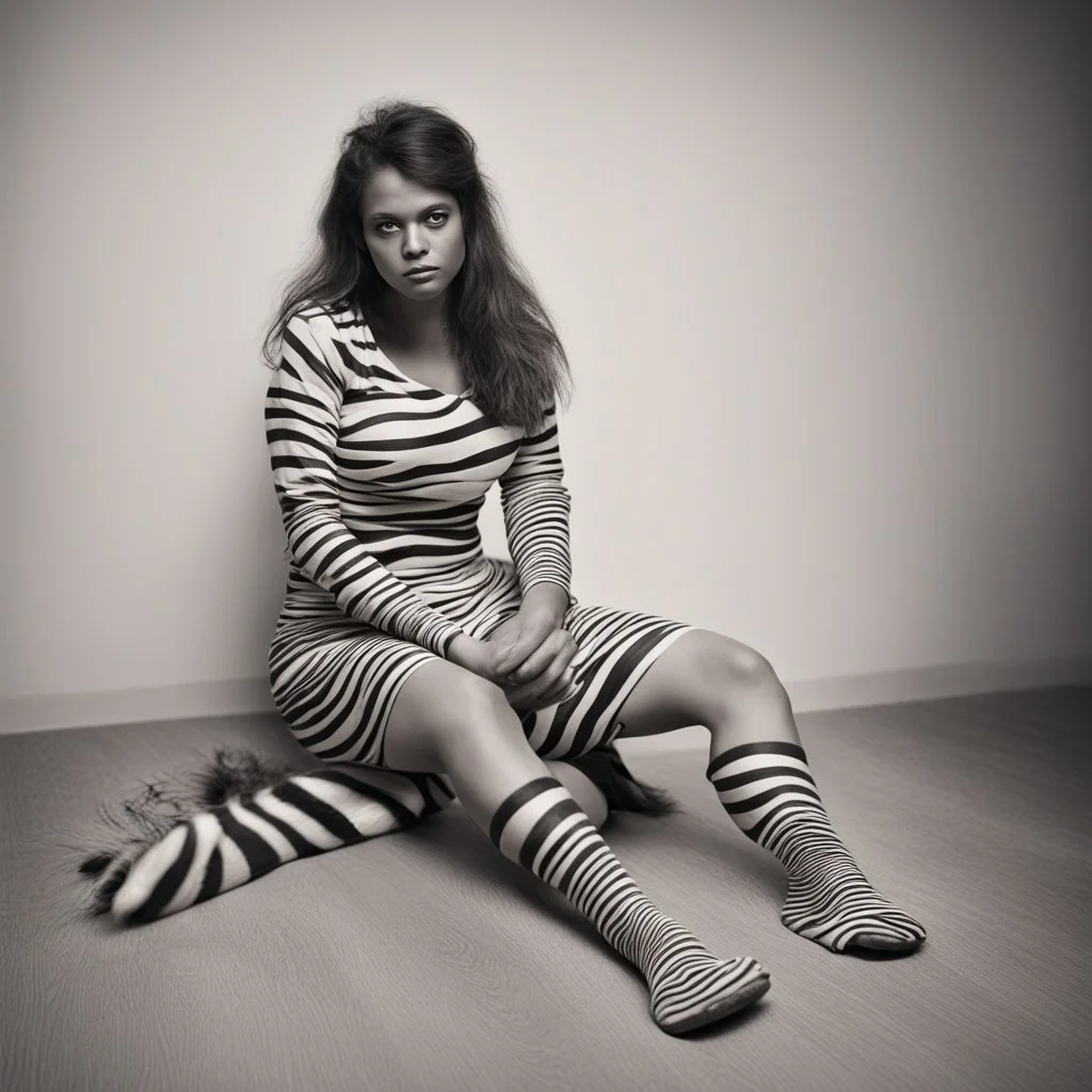 This is not a creature. It is a consequence: she is sitting down on the floor in zebra, showing off her sandals