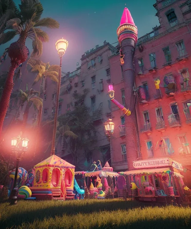 Wes Anderson photographer, Ultra realistic carnival garden night scene, wide angle view :: carnival woman and sweet inflatable monsters, carnival dress style, feather color, free jumping, soft color, highly detailed, unreal engine 5, ray tracing, RTX, lumen lighting, ultra detail, volumetric lighting, 3d, finely drawn, high definition.