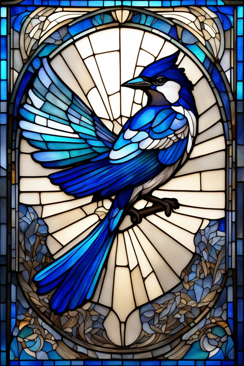 vitrail d'un geai bleu ailes déployées art déco d'après mucha