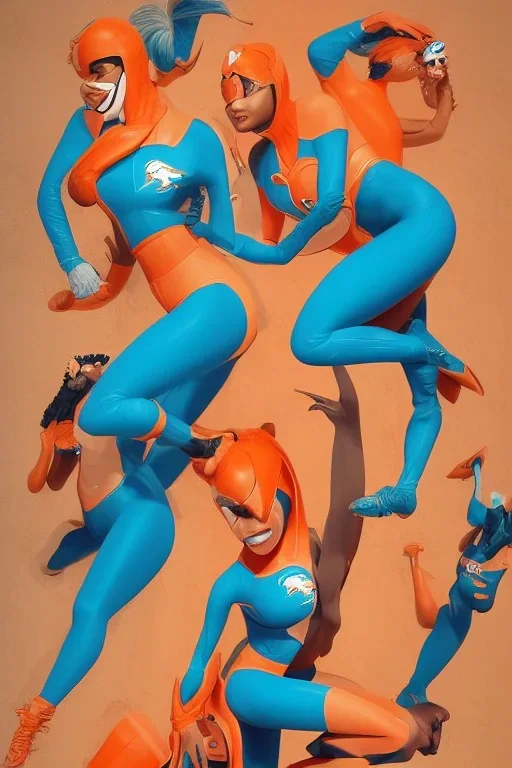 Miami Dolphins-themed beautiful perfect female superheroine orange and teal skin-tight costume Afrofuturism CopticArt Style of Elle Magazine Reisha Perlmutter Leng Jun Stan Lee Joseph Ducreux Kehinde Wiley Boris Vallejo Jeff Koons photorealistic portrait painting street art 64 megapixels Pixar, Disney 3d digital art, Maya 3D, ZBrush 3D shading dynamic lighting iridescent