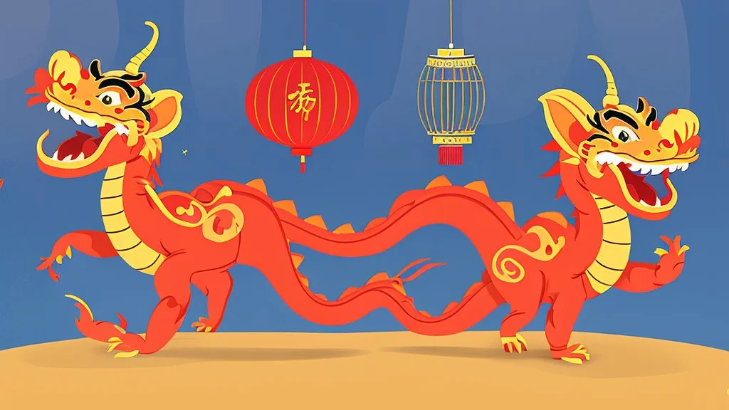 fantasy cartoon style illustration: chinese new year celebration dragon dance