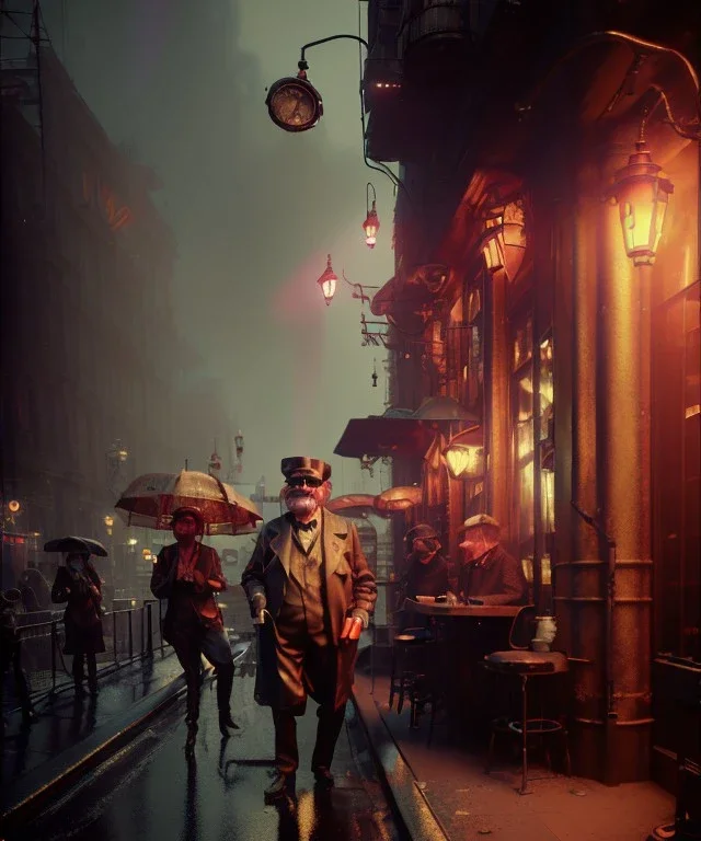 steampunk, cabaret scene. old man. Sunglasses, rain, smoking, happy, hot, people background, highly detailed, concept art, unreal engine 5, god rays, ray tracing, RTX, lumen lighting, ultra detail, volumetric lighting, 3d, finely drawn, high definition, high resolution.