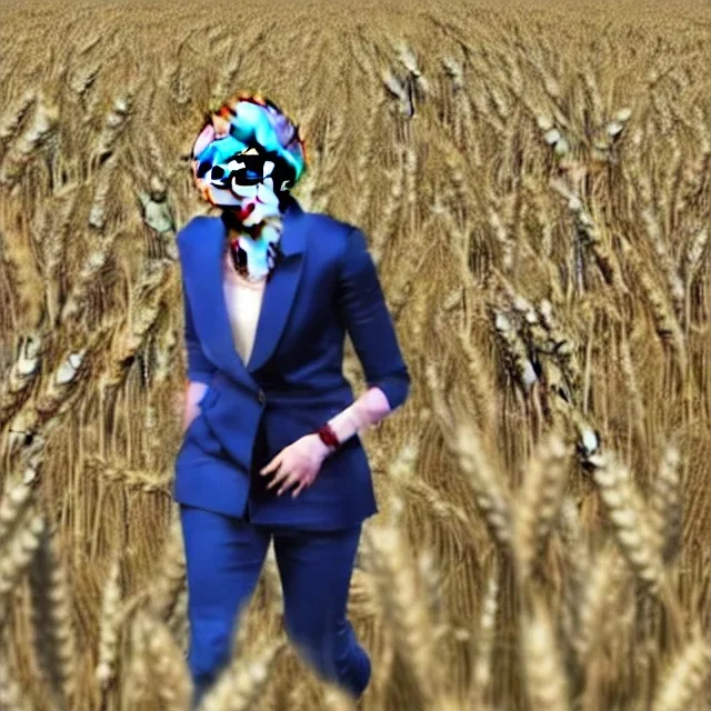 theresa may as a robot, running through fields of wheat, sunshine, daytime, futuristic