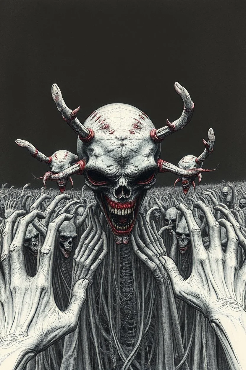 A field of thousands hands , a thin line draw ،front view camera, decayed and rotting with grotesque proportions and imagery. surreal horror, biomechanical design, by hr giger and beksinski , Busch painting style