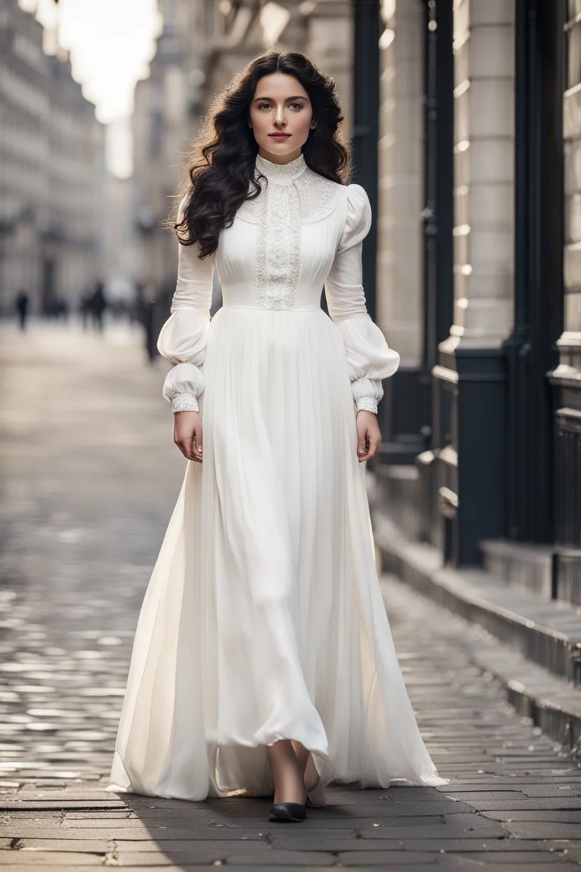 full body standing of a beautiful woman in her 18s, brunette (a Greek goddess), a little chubby, frontal face, shy smile, black wavy hair, wearing a white dress (with a high collar) from the 19th century, on the street of London in the 19th century , morning, cinematic, hd, 8k, sharp focus