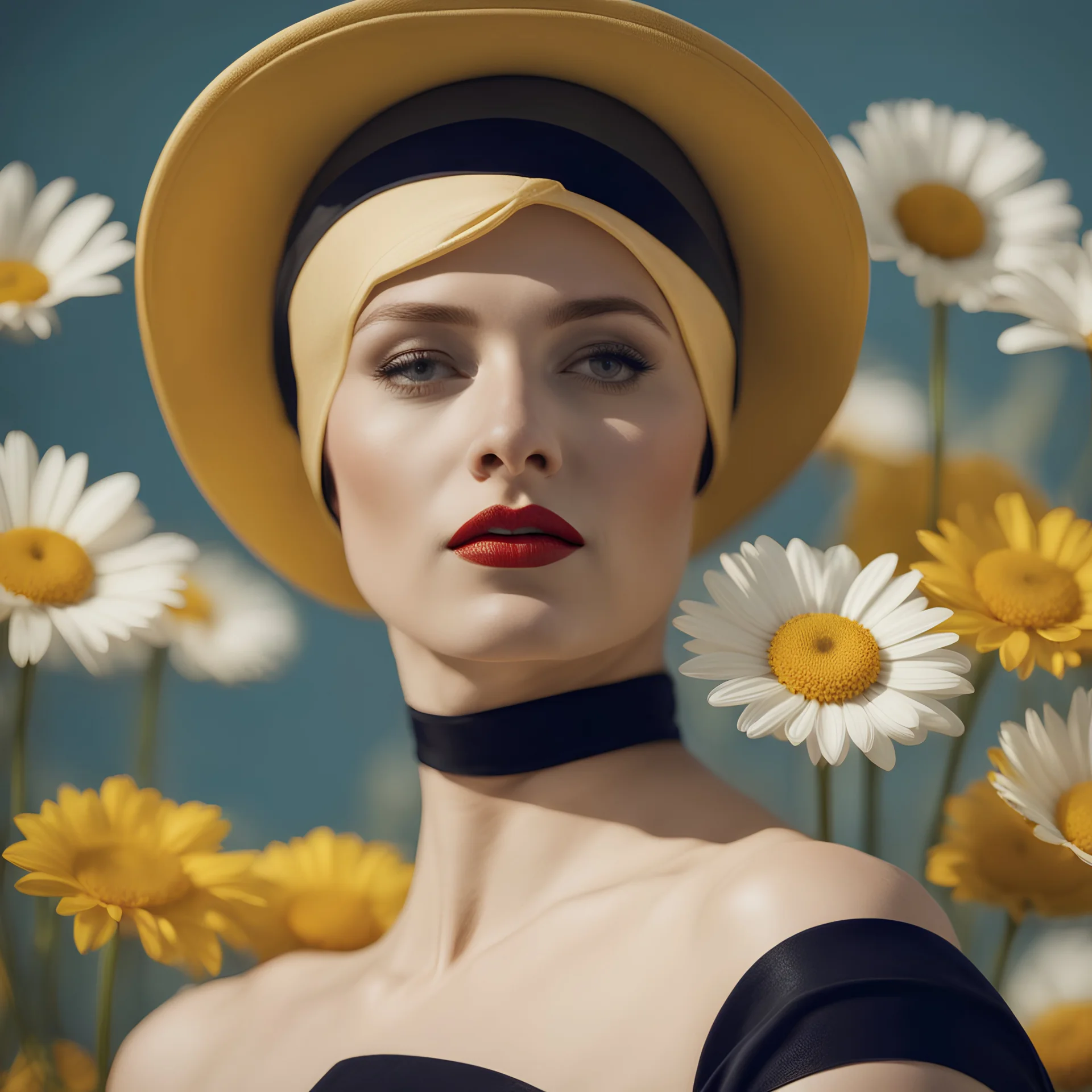 close up , woman with swimming cap with daisys, 50 er style , Image in the style of Mirjam Duizendstra and George Hoyningen-Huene