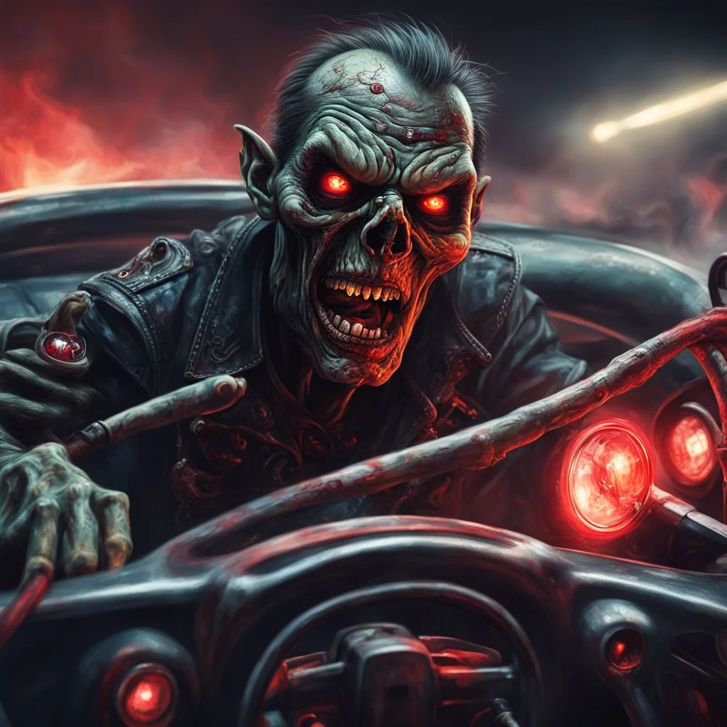 In the style of Heavy metal Magazine, close up of fantastical cursed Zombie NASCAR racer with red glowing eyes determinedly gripping the steering wheel, screaming, horror, intricately detailed, complex contrast, dynamic composition; cinematic lighting; meticulously composed concept art, masterpiece, cell-shaded