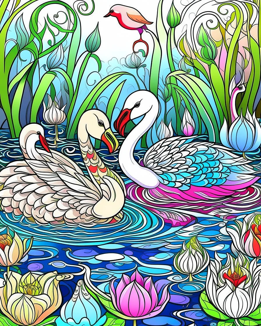 Stylized couple of two swans among lotus flowers (water lilies) and pond plants. Freehand sketch for adult anti stress coloring book cover,, colorful page, cooler background, perfect composition, beautiful detailed intricate insanely detailed octane render trending on artstation, photorealistic, soft natural volumetric cinematic perfect light, chiaroscuro, masterpiece, oil on canvas, raphael, caravaggio, greg rutkowski, beeple, beksinski, giger, black and white still, digital Art, perfect coloer