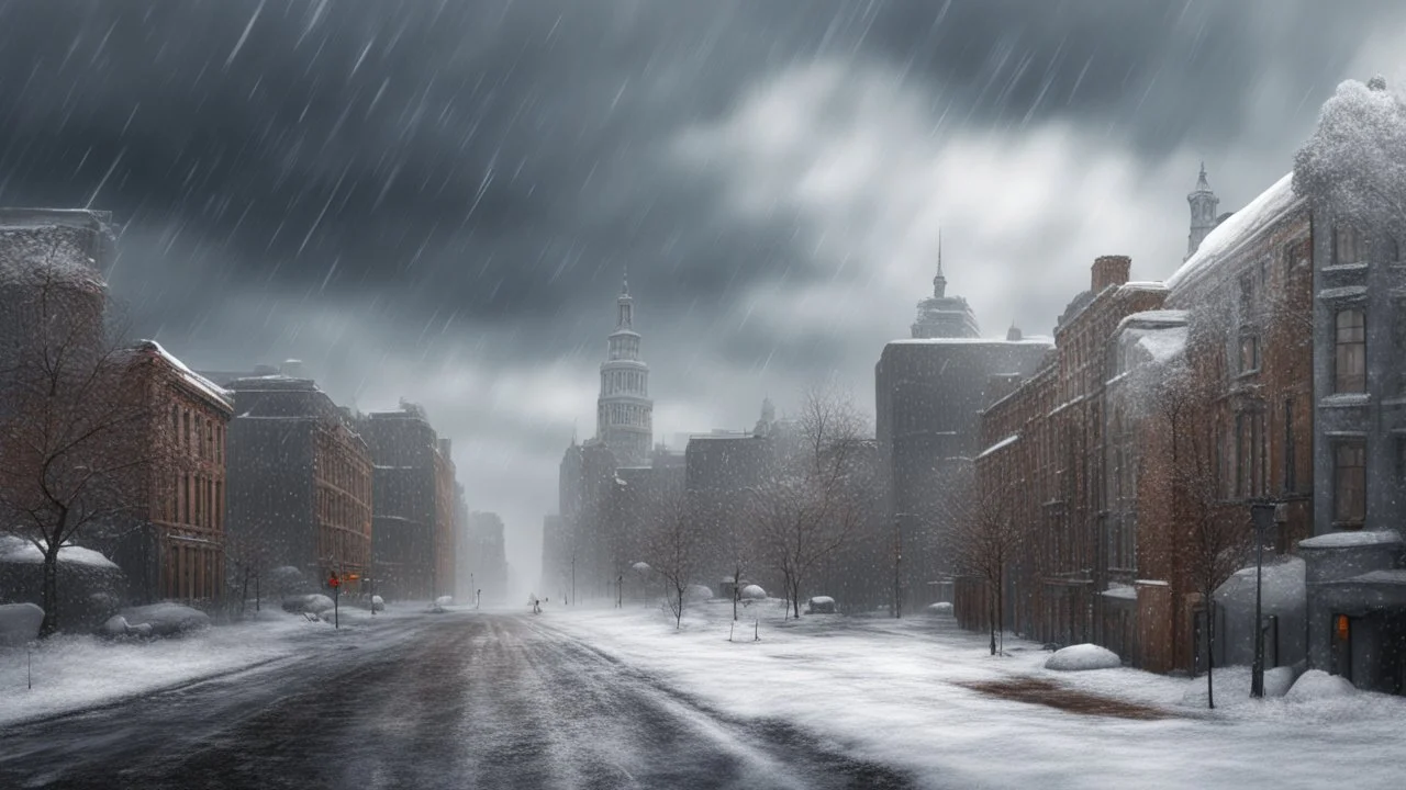 city, winter, wind, bad weather, photorealism, 3d, 64k, high resolution, hyperrealism, f/16, 1/300 s.