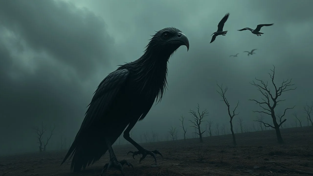 close in center weird crepy bird creature and and far away on sky different small dark crepy birds surreal thriller vibe trees in alternative surreal barren, dry, gloomy world, nightmare in abyss, deep vortex, black, gray, purple, brown, silver, dark red colors, surreal, weird dark fantasy, deep dark colors, sharp lines, crepy stunning, high detalied, weird, fog, shadows, realistic, surreal, highly detailed, melancholic thriller mood