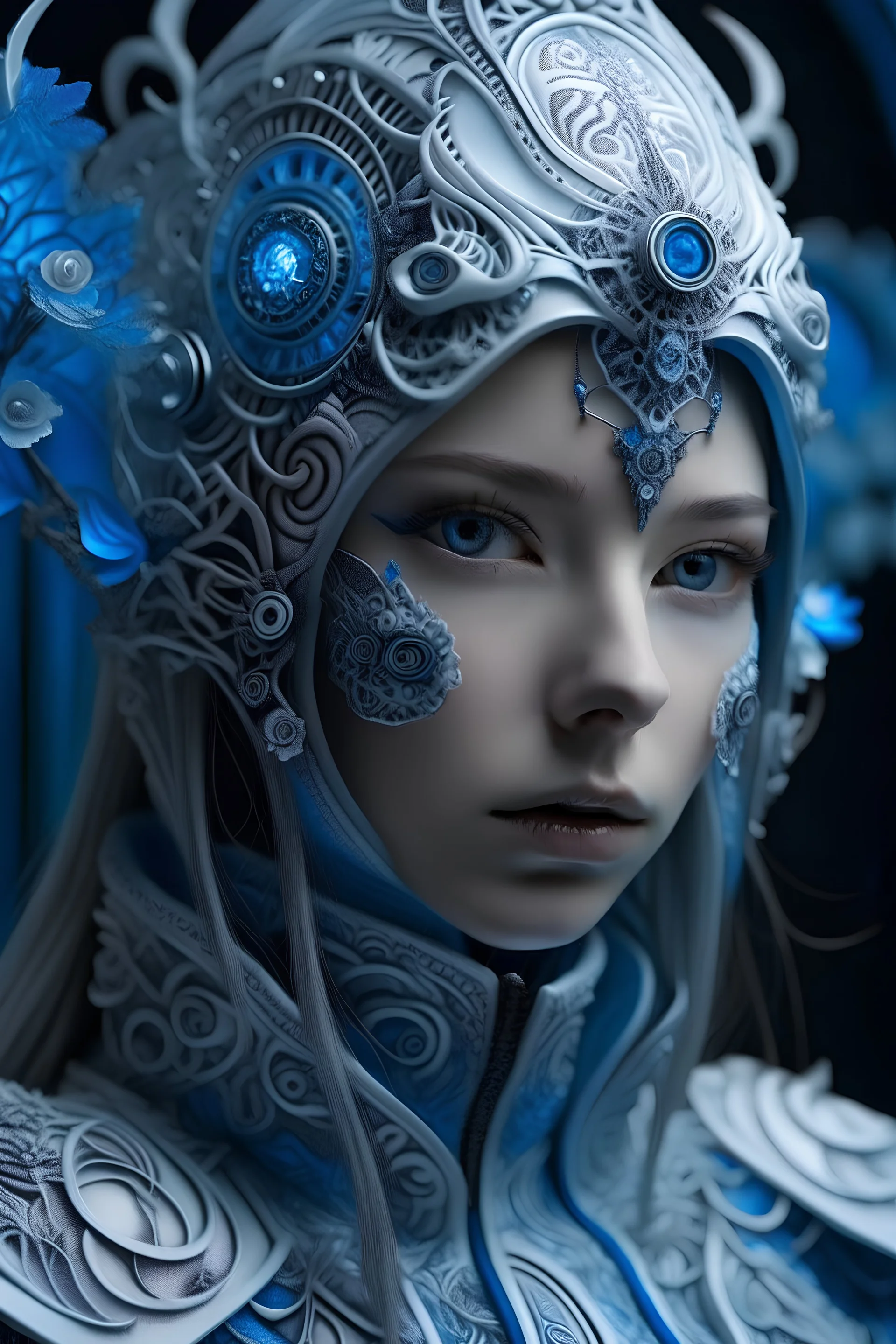 Beautiful faced young biomechanical winter queen girl wearing silver biomechanical white metallic filigree floral face masque, ribbed with bioluminescense blue zafír biomechanical silver metallic diadem headress, wearing biomechanical amalgamation style leather jacket dress ribbed with silver floral metallic filigree biomechanical vantablack pattern, organic bio spinal ribbed detail of gothic winter backround extremely detailed maximalist hyperrealistic portrait art