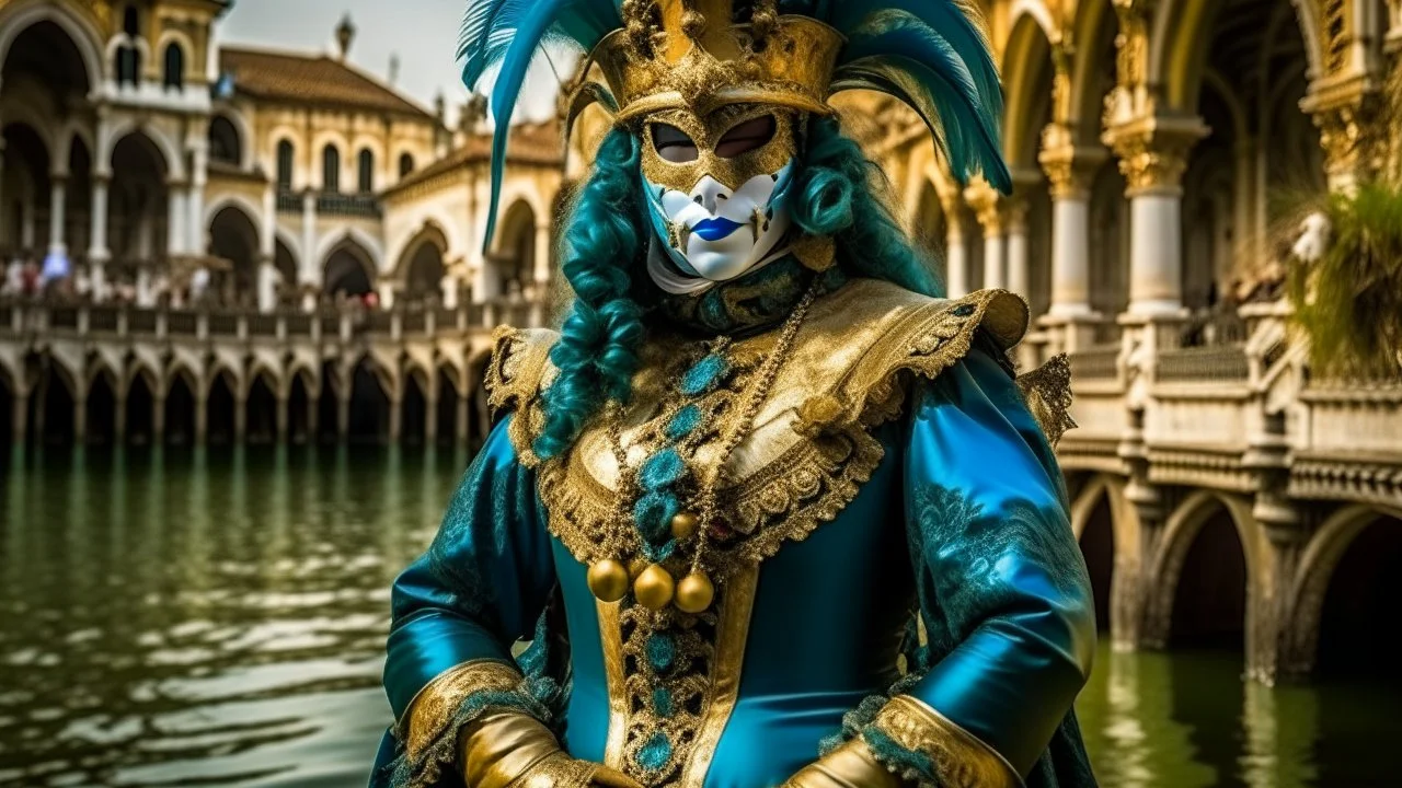 Create a captivating scene set in a picturesque Venice during the Carnival, where elegantly dressed individuals in extravagant masks and costumes engage in playful interactions by the serene canals. The atmosphere is filled with a sense of mystery and revelry, highlighted by intricate details of the ornate attire and the stunning backdrop of historic architecture. Explore themes of celebration, anonymity, and the beauty of traditional festivities.