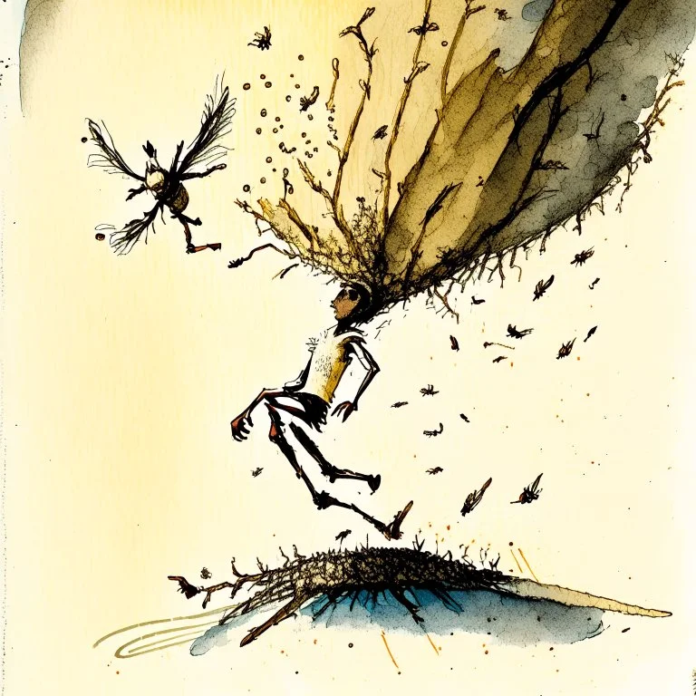 Watercolor and ink illustration, young short man holding a rake high over his head reaching up to a paper wasp nest in the branch of a tree, a few small wasps circling nest, bad idea, artistic, oddball masterpiece, sfumato, complex contrast, dynamic composition