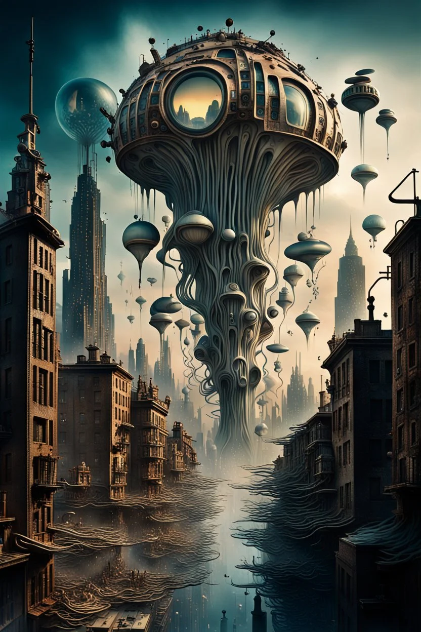 a stunningly weird image of a futuristic metropolis using Salvador Dali's paranoiac-critical method, where buildings and structures appear to melt into the skyline cityscape is filled with floating medusas and mad, twisted metal shapes that interact with the buildings and each other, forming a surreal tableau of a dreamlike reality. neu-steampunk vibe, essence of the scene in a cinematic manner, with dramatic shadows that enhance the distorted perspectives and bizarre mood