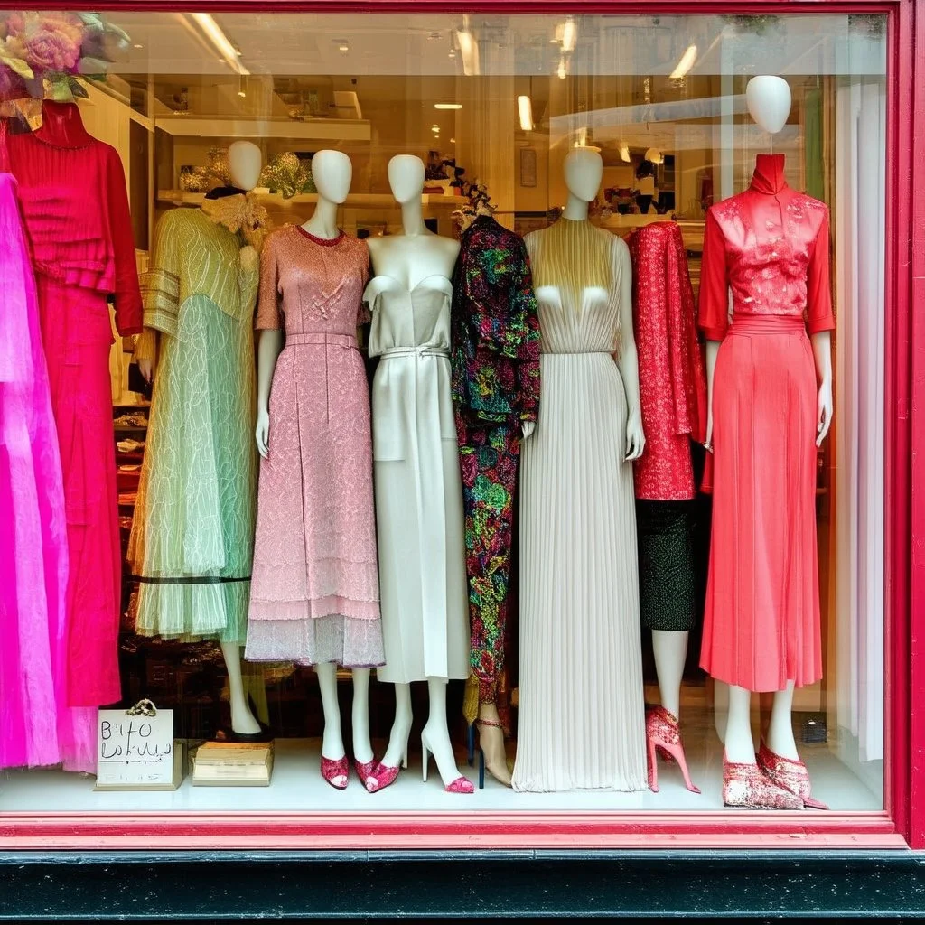 A shop window with women's fashion all bright and delicate colors