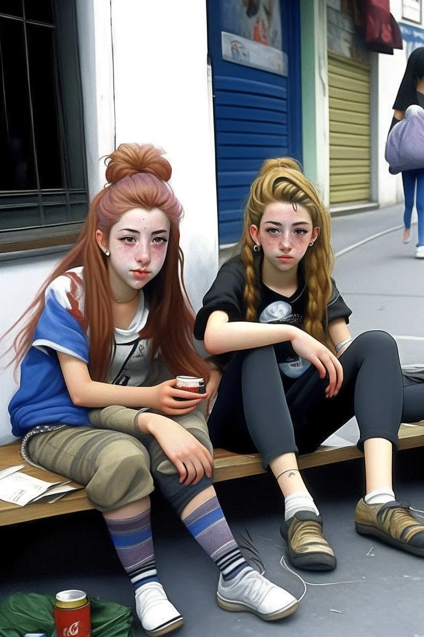 iki kız beraber sokakta oturuyorlar yaşları daha büyük liseliler daha renkli kızlardan birinin saçı kabarık diğerininki ise biraz uzun geniş açı ikisininde vücudu tam görünsün 2d çizgi roman gölgelendirmesi